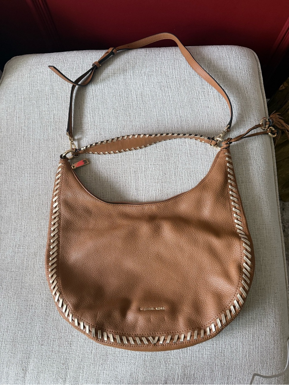 Michael Kors Brown Leather Hobo Shoulder Bag with Whipstitch Trim